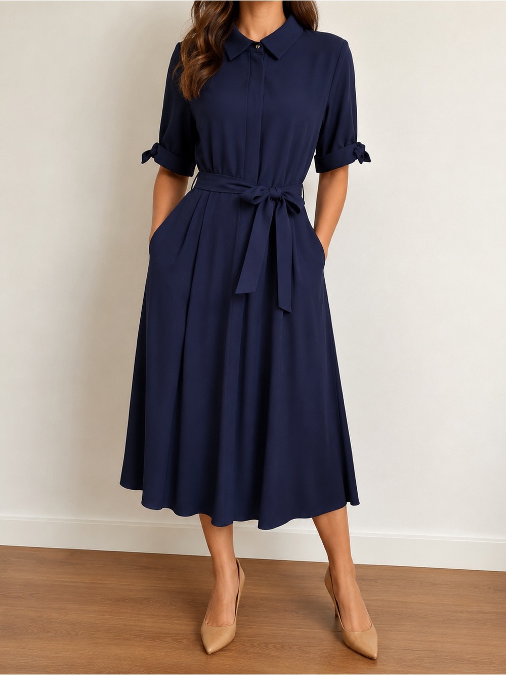 Calvin Klein Classic Navy Shirtwaist Midi Dress with Tie Belt & Pockets Size 16
